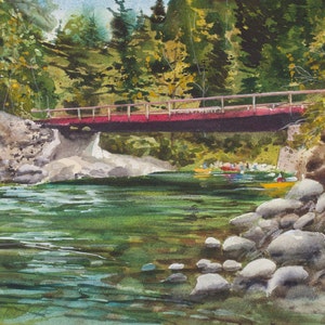 Rite of Passage, Watercolor Print, Stuart Fork River, Trinity Alps, Reflections, Trees, Northern California, Green, Woods, Bridge image 1