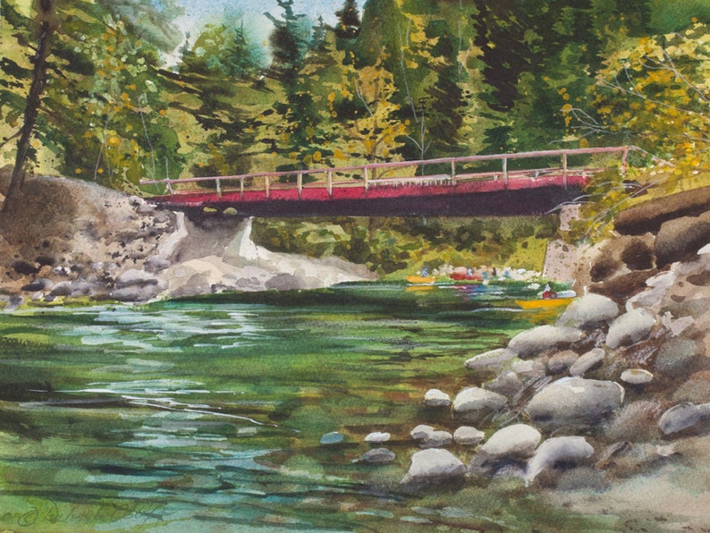 Rite de passage, Aquarelle, Stuart Fork River, Trinity Alps, Reflets, Arbres, Californie du Nord, Vert, Bois, Pont image 1