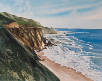 Pacific Rim Watercolor Print, Seascape, Beach, Big Sur, Coast, California, Sea, Ocean, Blue