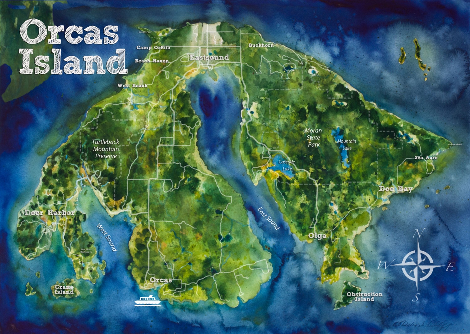 Orcas Island Map, Watercolor Giclée Print, Puget Sound, San Juan