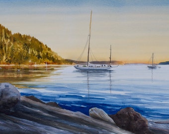 Cascade Bay, Sunset, Watercolor Giclée Print, Rosario, Orcas Island, San Juan Islands, Sailboats
