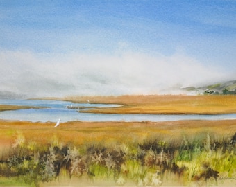 Bodega Bay, Watercolor Print, Birds, Estuary, Sanctuary, Egret, Coastal, Fog, Northern California