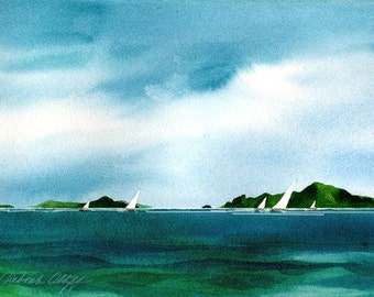 Tropical Sails // Islands // Sailboats // Watercolor