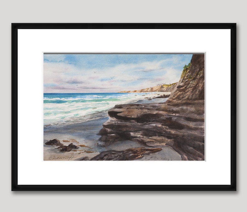 View to Blacks Beach, La Jolla Shores, Watercolor Print, San Diego, California Coast, Beach Waves, Seascape, Blue image 4