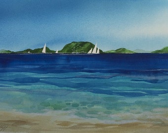 Island Life, Watercolor Print, Island, Beach, Sailboats, Tropical, Tranquil Seascape, Blue, Green