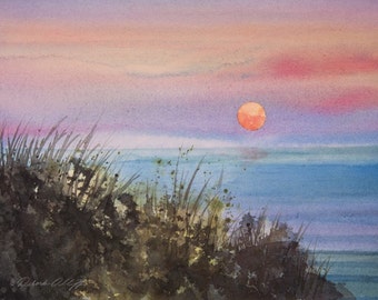 Llangennith Sunset // Watercolor // Beach // Wales