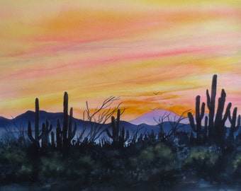 Coucher de soleil dans le désert, Aquarelle, Impression Giclée, Sud-Ouest, Cactus, Ciel, Silhouette