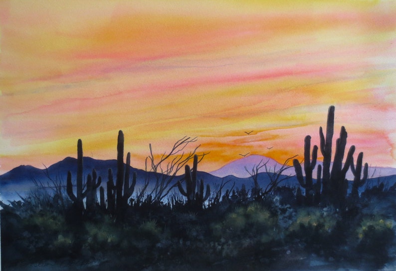 Desert Sunset, Watercolor Original, Southwest, Cactus, Sky, Silhouette image 1