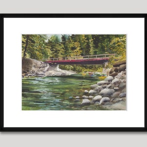 Rite of Passage, Watercolor Print, Stuart Fork River, Trinity Alps, Reflections, Trees, Northern California, Green, Woods, Bridge image 5