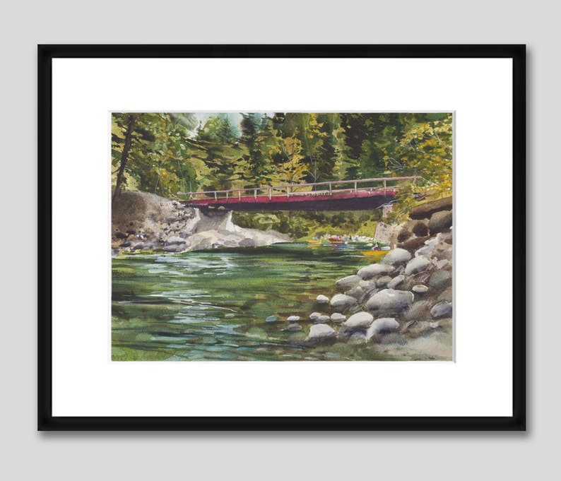 Rite of Passage, Watercolor Print, Stuart Fork River, Trinity Alps, Reflections, Trees, Northern California, Green, Woods, Bridge image 5