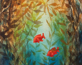 Kelp Forest, Watercolor Print, Garibaldi fish, Underwater, Sea, Ocean, Diving