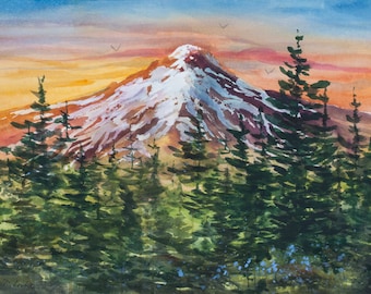 Mount Hood, Aquarelle Giclée Print, Oregon, Pacific Northwest, Sunset, Snow-covered, Mountain, Cascades