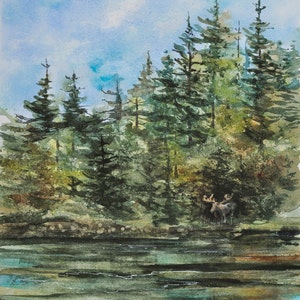 Out of the Woods, Watercolor Print, Woods, Maine, Moose Pond, Lake, Forest image 1