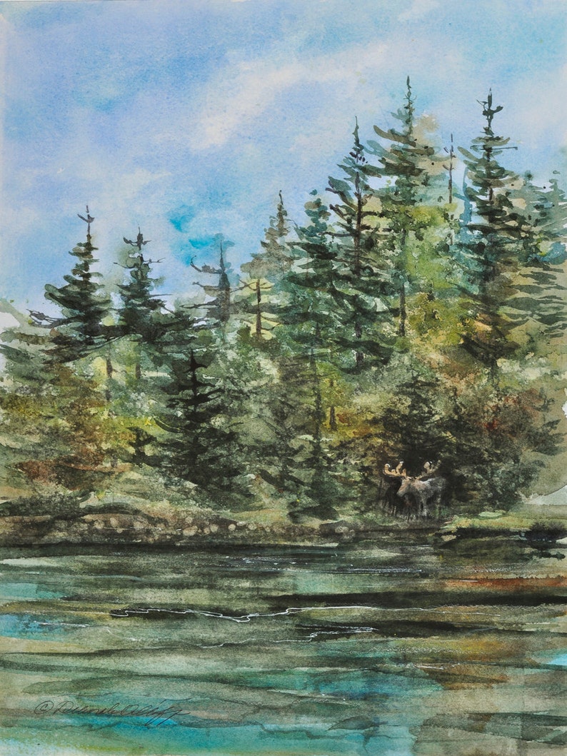 Out of the Woods, Watercolor Print, Woods, Maine, Moose Pond, Lake, Forest image 1