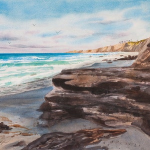 View to Blacks Beach, La Jolla Shores, Watercolor Print, San Diego, California Coast, Beach Waves, Seascape, Blue image 1