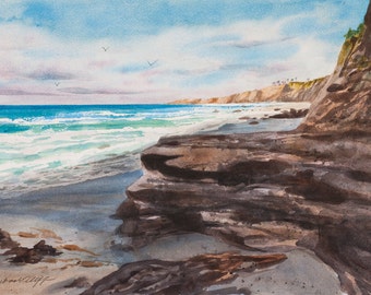 View to Blacks Beach, La Jolla Shores, Watercolor Original Painting, San Diego, California Coast, Beach Waves, Seascape, Blue