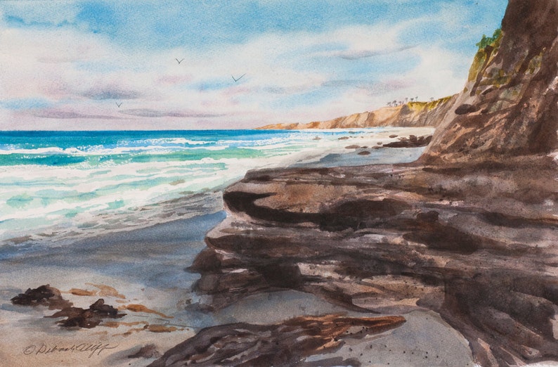 View to Blacks Beach, La Jolla Shores, Watercolor Print, San Diego, California Coast, Beach Waves, Seascape, Blue image 1