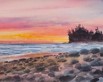 La Push Sunset, Watercolor giclée print, Beach, Olympic Peninsula, Pacific Northwest, Washington Coast, Sea stacks