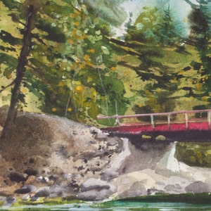 Rite de passage, Aquarelle, Stuart Fork River, Trinity Alps, Reflets, Arbres, Californie du Nord, Vert, Bois, Pont image 2