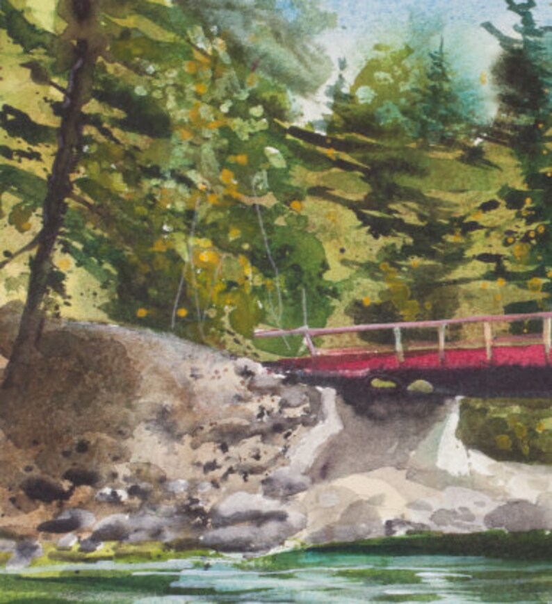 Rite de passage, Aquarelle, Stuart Fork River, Trinity Alps, Reflets, Arbres, Californie du Nord, Vert, Bois, Pont image 2