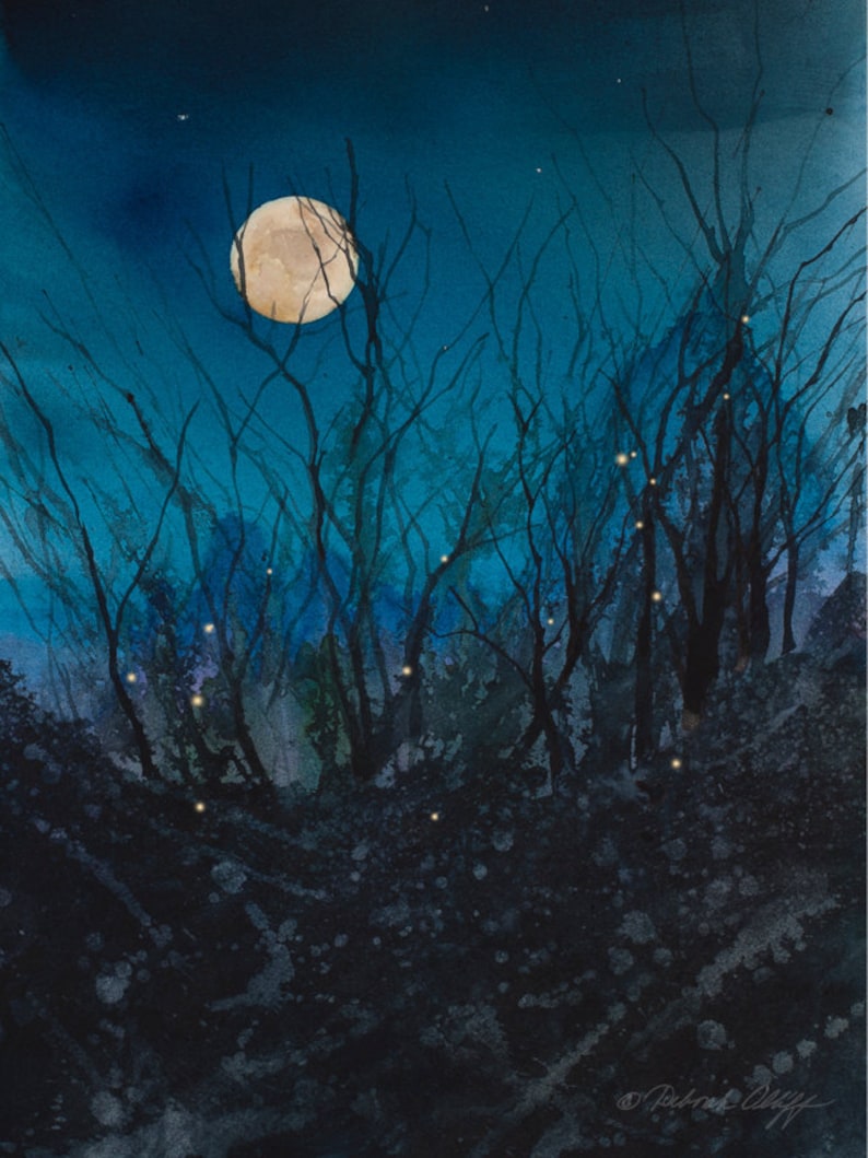 Firefly Moon Watercolor Print Full Moon Night Sky - Etsy Italia