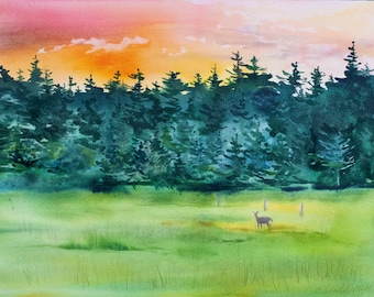 Cayou Valley Sunset, Watercolor, Giclée print,  Deer Harbor, Pacific Northwest, Orcas Island