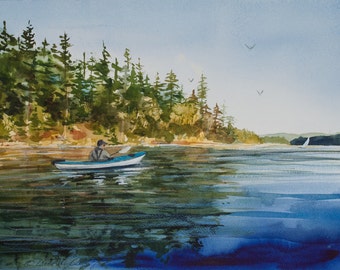 KayaKen, Watercolor Giclee Print, Kayaking, Deer Harbor, Orcas Island, San Juan Islands, Pacific Northwest, sailboat