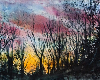 Tanglewood I, Watercolor Original Painting, Colorful Sky, Trees, Sunset, Silhouette