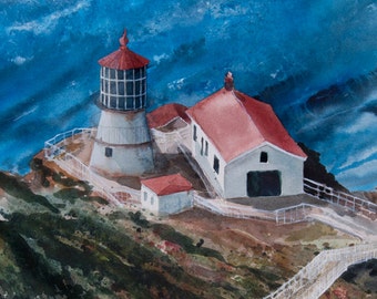 Point Reyes Light, Watercolor Print, Lighthouse,  Northern California Coast