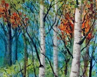 Three Birches, Watercolor Original Painting, Woodland, Birch Trees, Forest, Fall Leaves, Autumn, Green