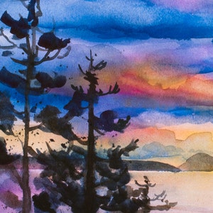Orcas Island Sunset, Watercolor Giclée Print, Puget Sound, San Juan Islands, Silhouette, Trees zdjęcie 2