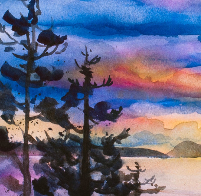 Coucher de soleil sur lîle dOrques, Aquarelle Giclée Print, Puget Sound, Îles San Juan, Silhouette, Arbres image 2