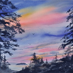 Orcas Island Sunset II, Watercolor Giclée Print, Orcas Island, San Juan Islands, Pacific Northwest, Fawn Island image 1