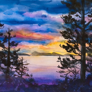 Orcas Island Sunset, Watercolor Giclée Print, Puget Sound, San Juan Islands, Silhouette, Trees zdjęcie 1