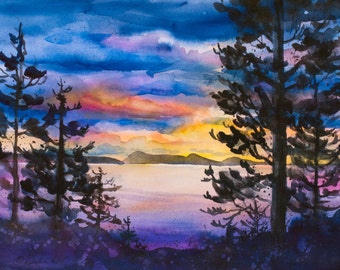 Coucher de soleil sur l’île d’Orques, Aquarelle Giclée Print, Puget Sound, Îles San Juan, Silhouette, Arbres