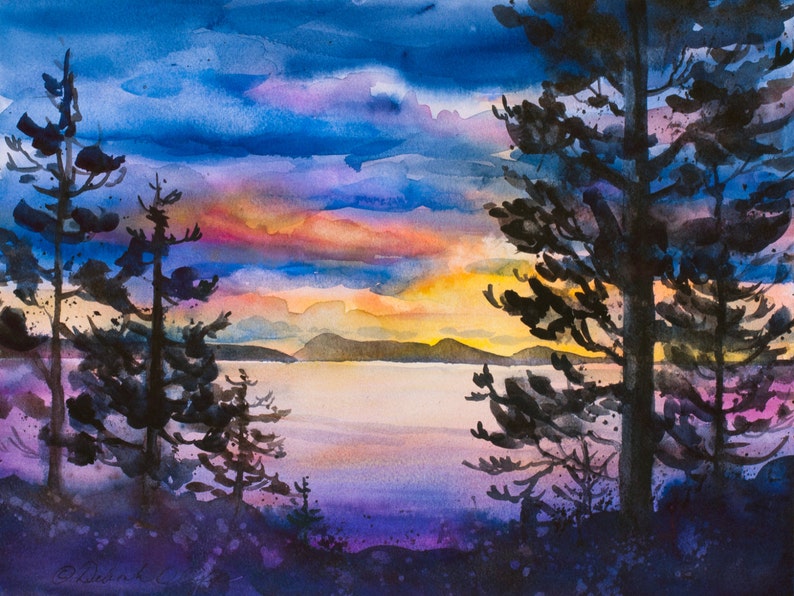 Orcas Island Sunset, Watercolor Giclée Print, Puget Sound, San Juan Islands, Silhouette, Trees zdjęcie 1