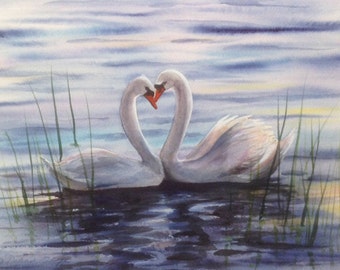 Swan Love, Watercolor Print, Swans, Lake, Blue, Sunset, Heart