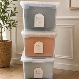 May include: Three stacked clear plastic storage bins with lids. Each bin features a white arched label with black text. The top label reads Vivienne Theresa, the middle label reads Gelena LEE, and the bottom label reads Brooks David.