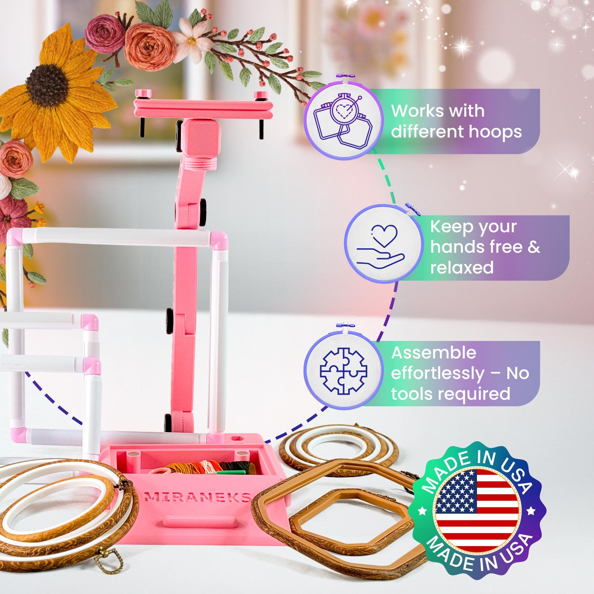 Adjustable Embroidery Stand with Organizer - Cross Stitch Frame for Table or Floor – Made in USA
