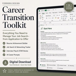 May include: A digital Career Transition Toolkit by Formora Design, featuring a 7-in-1 career system. The document includes a Resume Achievement Builder, Job Search & Networking Tracker, Interview Prep & STAR Stories, and AI Career Prompts in an Excel workbook.
