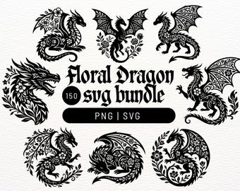 Paquete de 150 archivos SVG y PNG de dragones florales / Archivos vectoriales de criaturas míticas para tatuajes de fantasía