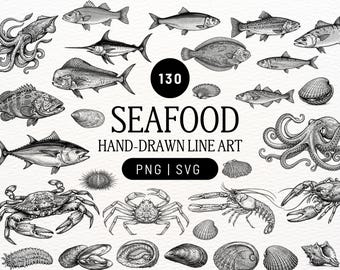 Paquete de imágenes prediseñadas de mariscos dibujadas a mano / Archivos de corte PNG y SVG de atún, salmón, cangrejos, pescado, pulpo, camarones y menú de mariscos