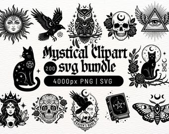 Paquete de 200 imágenes prediseñadas místicas en formato SVG / Luna celestial gótica, sol, calavera, cuervo, serpiente, mariposa