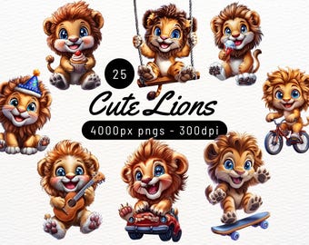 25 Baby Lion Clipart – Watercolor Jungle Animal Graphics (Digital Download)