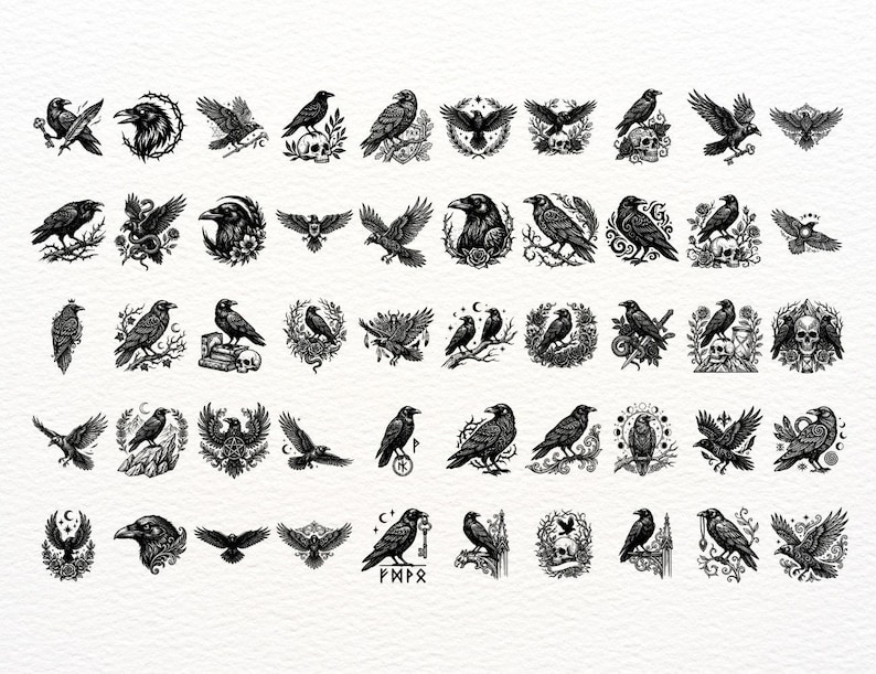 Puede incluir: Una colecci&oacute;n de cincuenta ilustraciones en blanco y negro que muestran cuervos en diversas posturas, posados sobre cr&aacute;neos, ramas y llaves, rodeados de elementos florales, celestiales y geom&eacute;tricos, presentados en una cuadr&iacute;cula sobre fondo blanco.