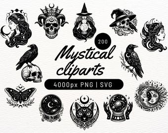 Paquete de 200 imágenes prediseñadas místicas en formato SVG / Elementos góticos, celestiales y de brujería, arte dark academia (descarga digital)