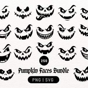 May include: A collection of twenty-two black graphic pumpkin faces with various expressions, including sharp teeth, wide grins, and tongues. The text 250 Pumpkin Faces Bundle PNG | SVG is displayed in the center of the image in black font.