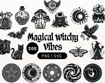 Paquete de 200 imágenes PNG y SVG con temática de brujería mágica: archivos vectoriales de luna, calavera y brujería.