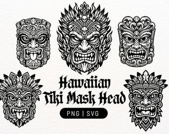 Pacchetto di maschere tribali hawaiane Tiki / PNG e SVG per Cricut, file per taglio laser e decorazioni murali