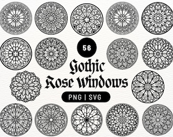 Paquete de diseños de rosetones góticos / 56 archivos PNG y SVG de ventanas redondas / Vector de vidrieras medievales